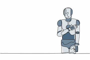 Poster - Single continuous line drawing robot standing with keeping hands on chest. Robot suffering from chest pain or heart attack. Robotic artificial intelligence. One line graphic design vector illustration