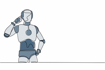 Poster - Single one line drawing robot standing with pointing his head, thinking something. Feeling optimistic, visionary. Future technology development. Continuous line draw design graphic vector illustration