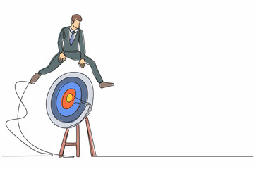 Poster - Single continuous line drawing businessman jumping on big archery bull's eye target. Aspiration motivation to achieve business target, advancement in career. One line draw design vector illustration