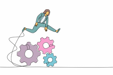 Poster - Continuous one line drawing businesswoman jumping over big gears. Female entrepreneur developing business innovation. Operation management system. Single line draw design vector graphic illustration