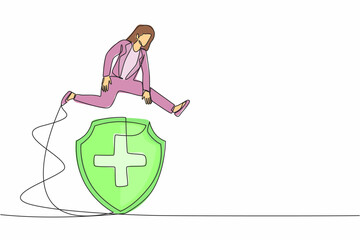 Poster - Single one line drawing businesswoman jumping over big shield. Protection, insurance, from business dangers. Financial defense. Money fund safety. Continuous line design graphic vector illustration