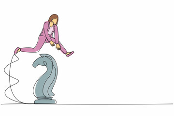 Poster - Continuous one line drawing businesswoman jump over chess horse knight. Strategy move in business production. Brain intelligence sport, tactical movement idea. Single line design vector illustration
