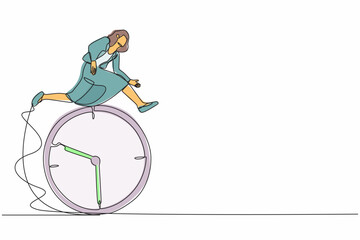 Poster - Single one line drawing businesswoman jump over time passing clock. Good time management, scheduling. Successful task planning, work effectiveness. Continuous line design graphic vector illustration