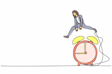 Poster - Single continuous line drawing businesswoman jump over alarm clock. Wake up inspiration for new project idea. Business deadline or working time efficiency. One line graphic design vector illustration