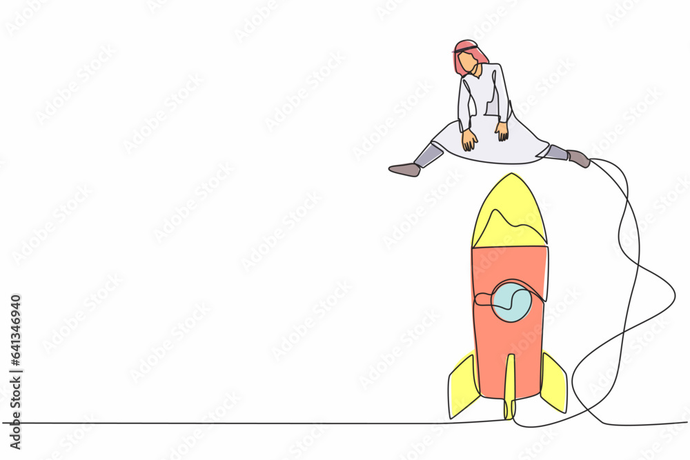 Single one line drawing Arabian businessman jumping over big rocket ...