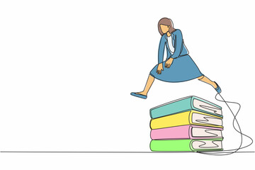 Poster - Single continuous line drawing businesswoman jumping over pile of big binders. Stack of paper work document. Management office supply, information classification. One line design vector illustration