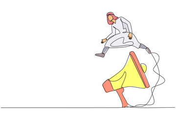 Poster - Single continuous line drawing Arab businessman jump over big megaphone. Marketing strategy in mass communication. Loudspeaker technology for giving announcement. One line design vector illustration