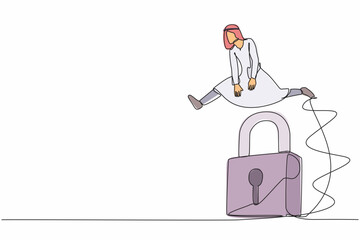 Aufkleber - Single continuous line drawing Arab businessman jumping over big lock. Unlock business opportunity secret. Solve business problem, professional solutions. One line graphic design vector illustration