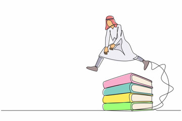 Poster - continuous one line drawing arabian businessman jumping over pile of big binders. management paperwo