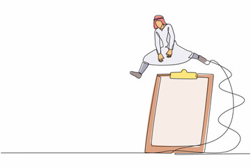 Poster - Continuous one line drawing Arab businessman jumping over big clipboard. Paper sheet document questionnaire. Successful completion of business task. Single line draw graphic design vector illustration