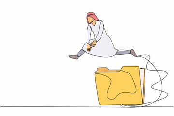 Poster - single one line drawing arab businessman jumping over big folder icon. file folders management. offi