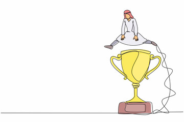 Poster - Single continuous line drawing Arab businessman jumping over big trophy. Symbolization of business challenge conquer. Success or victory, winning prize award. One line draw design vector illustration