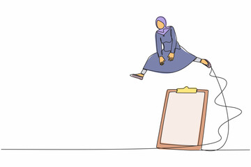 Poster - Single continuous line drawing Arab businesswoman jumping over big clipboard. Completion of business survey questionnaire. Checklist application paper. One line draw graphic design vector illustration