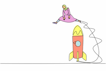 Poster - Single one line drawing Arab businesswoman jumping over big rocket. Successful startup launch preparation. Space rocket ready to fly. Business project. Continuous line draw design vector illustration