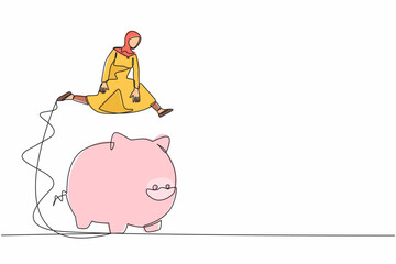Poster - Single continuous line drawing Arab businesswoman jumping over piggy bank. Security of money storage, saving for investment. Financial planning management. One line graphic design vector illustration