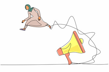 Poster - Continuous one line drawing Arabian businesswoman jumping over big megaphone. Loudspeaker technology. Announcement, advertising. Marketing device equipment. Single line draw design vector illustration
