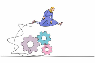 Poster - Single one line drawing Arab businesswoman jumping over big gears. Operation management system. Female entrepreneur developing business innovation. Continuous line design graphic vector illustration