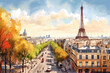 Capturing the essence of Paris in exquisite watercolors: A city of architectural wonders, from the iconic Eiffel Tower to charming streets and panoramic cityscapes.
