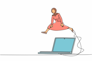 Poster - Single one line drawing Arab businesswoman jumping over big laptop computer. Data computing for working efficiency. Office system information. Continuous line draw design graphic vector illustration