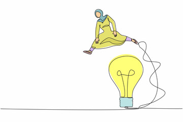 Poster - Single continuous line drawing Arabian businesswoman jumping over big light bulb. Innovation transformation technology. Improvisation business idea. One line draw graphic design vector illustration