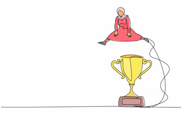 Poster - Continuous one line drawing Arabian businesswoman jumping over big trophy. Challenge or succeed in business competition. Celebrate work achievement. Single line draw design vector graphic illustration