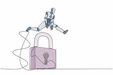 Poster - Single continuous line drawing robot jumping big padlock. Business protection security. Success business key accessibility. Robotic artificial intelligence. One line draw design vector illustration