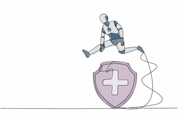 Poster - single one line drawing robot jump over big shield. protection, insurance, from business danger. fut