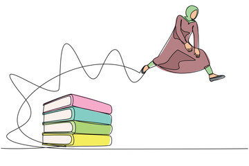 Poster - Single one line drawing Arab businesswoman jumping over pile of big binder. Stack of paper work document. Management office supply, information. Continuous line draw design graphic vector illustration