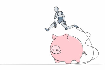 Poster - Continuous one line drawing robot jumping over piggy bank. Security of money storage, saving for investment. Humanoid robotic cybernetic organism. Single line draw design vector graphic illustration