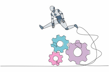 Poster - Single continuous line drawing robot jumping over big gears. Developing business innovation. Operation management system. Robotic artificial intelligence. One line graphic design vector illustration