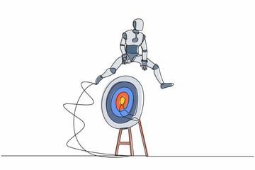 Poster - Single one line drawing robot jumping on big archery bullseye target. Achievement target goals. Future technology development. Artificial intelligence. Continuous line draw design vector illustration