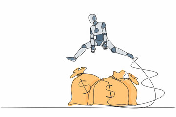 Poster - Single continuous line drawing robot jumping over money bag. Business loan or capital funding, money help in crisis. Modern robotic artificial intelligence. One line graphic design vector illustration