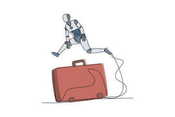 Poster - Continuous one line drawing robot jump over big briefcase. Professional suitcase diplomat, store financial information. Humanoid robot cybernetic organism. Single line draw design vector illustration