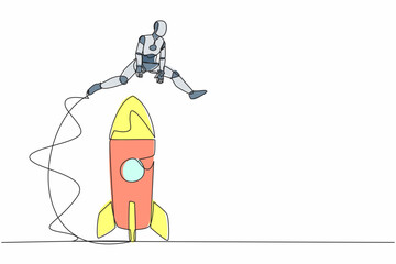 Poster - Single continuous line drawing robot jumping over big rocket. Successful startup launch preparation. Modern robotic artificial intelligence. Dynamic one line draw graphic design vector illustration