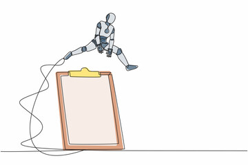 Poster - Single one line drawing robot jumping over big clipboard. Checklist survey application paper sheets document. Future technology development. Modern continuous line design graphic vector illustration