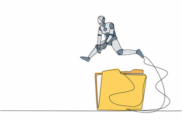 Poster - Single one line drawing robot jumping over big folder icon. User data archive. Office paper document, file folders. Future technology development. Continuous line design graphic vector illustration