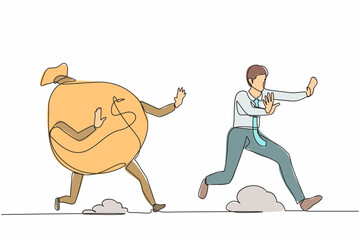 Poster - Continuous one line drawing stressed businessman being chased by money bag. Failed achieving goals and profit, exhausted for success, running out for money. Single line draw design vector illustration