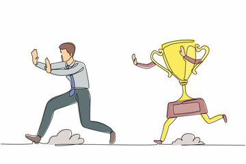 Poster - Single one line drawing stressed businessman being chased by trophy. Failed with business direction, mission, vision, goal, success, victory. Continuous line draw design vector graphic illustration