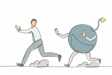 Poster - Single one line drawing stressed businessman being chased by bomb. Manager run to avoid financial problems, taxation burden or business debt, deadline. Continuous line draw design vector illustration