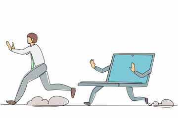 Poster - Continuous one line drawing stressed businessman being chased by laptop. Male employee in office who has deadlines and tasks that are constantly. Single line draw design vector graphic illustration