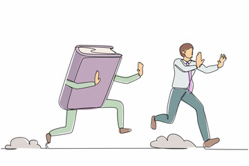 Poster - single one line drawing stressed businessman being chased by book. employee higher education to purs