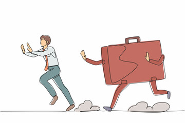 Poster - Single one line drawing stressed businessman being chased by briefcase. Chased by high performance active work or project. Minimal metaphor concept. Continuous line design graphic vector illustration