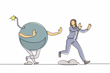 Poster - Continuous one line drawing scared businesswoman being chased by bomb. Female worker avoid financial problems, taxation burden. Minimalist metaphor. Single line draw design vector graphic illustration
