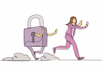 Poster - Single one line drawing scared businesswoman being chased by padlock. Female employee hurry in business protection security. Minimal metaphor. Continuous line draw design graphic vector illustration