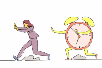 Poster - Single one line drawing scared businesswoman being chased by alarm clock. Female worker running out of working time. Deadline project. Minimal metaphor. Continuous line draw design vector illustration