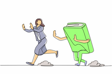 Poster - Single continuous line drawing scared businesswoman being chased by book. Female worker hurry in higher education to pursue career growth. Minimalism metaphor. One line draw design vector illustration