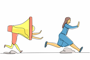 Poster - single continuous line drawing scared businesswoman being chased by megaphone. female employee avoid