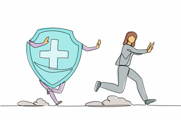 Aufkleber - single continuous line drawing scared businesswoman being chased by shield. office worker out off fi