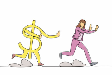 Poster - Continuous one line drawing scared businesswoman being chased by dollar symbol. Employee losing her money. Financial crisis. Minimalist metaphor. Single line draw design vector graphic illustration