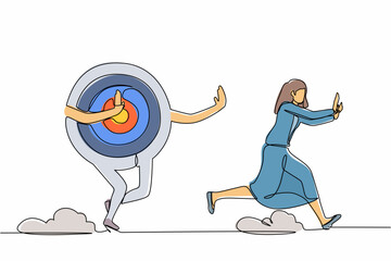Poster - Single continuous line drawing scared businesswoman being chased by archery bullseye target. Female worker losing innovation in business goal, loss in career. One line draw design vector illustration